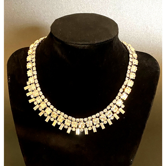 RARE Vintage VOLUPTE Art Deco Rhinestone Choker Necklace Prong Rhodium Plate - Picture 1 of 7